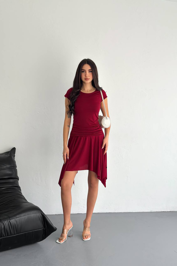 Lycra Mini Size Asymmetric Dress - Burgundy - Mode Roy - Globality Store - Women Clothes Wholesale Turkey