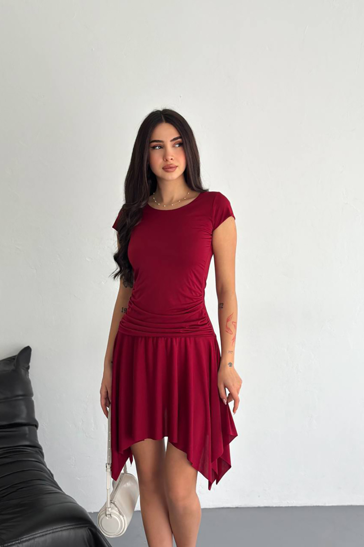 Lycra Mini Size Asymmetric Dress - Burgundy