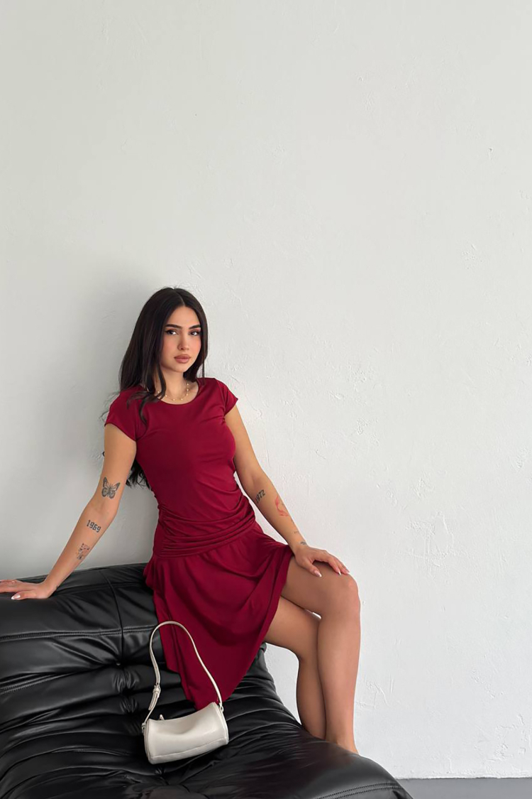 Lycra Mini Size Asymmetric Dress - Burgundy