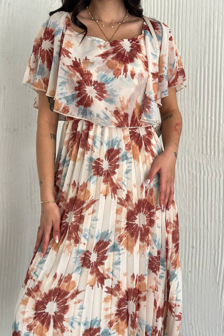 Carmen Collar Midi Length Chiffon Dress - Multicolor