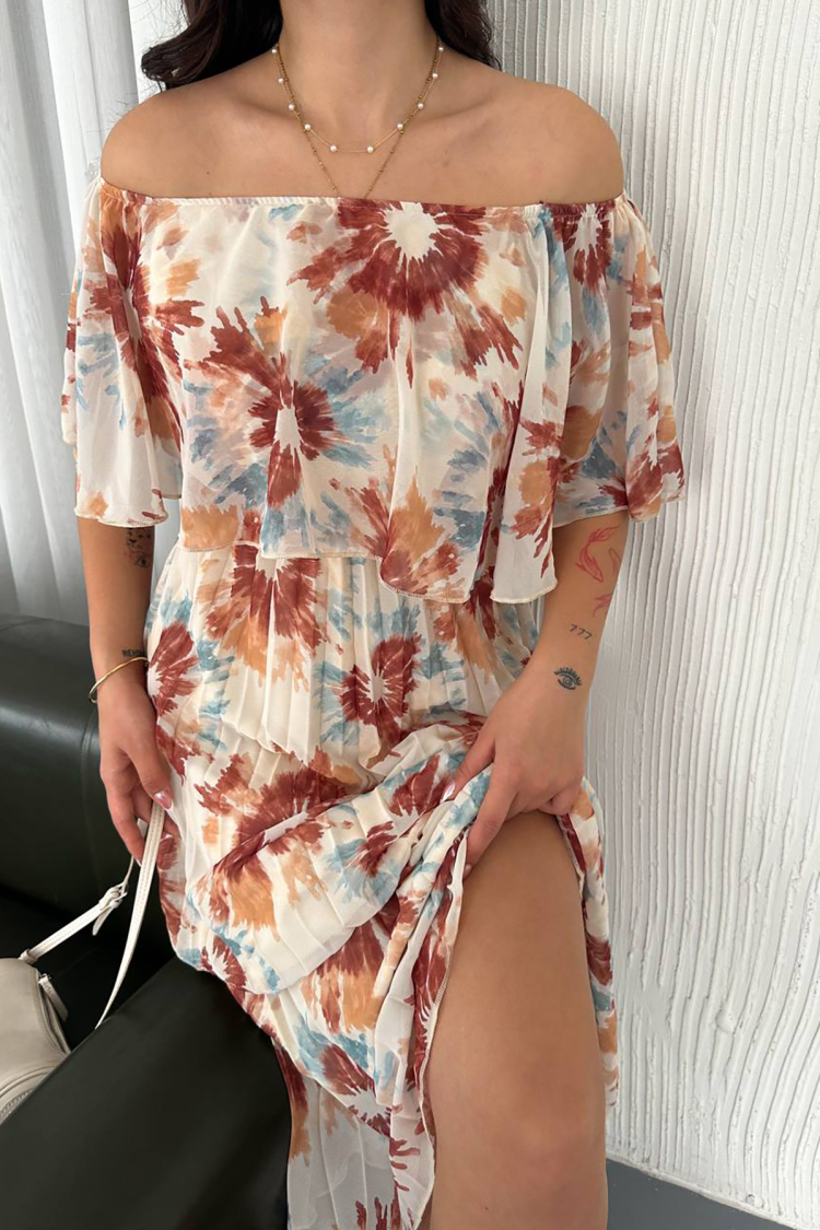 Carmen Collar Midi Length Chiffon Dress - Multicolor