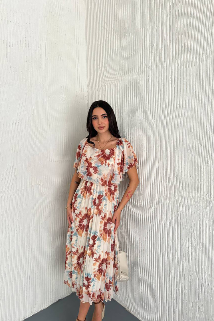 Carmen Collar Midi Length Chiffon Dress - Multicolor - Mode Roy - Globality Store - Women Clothes Wholesale Turkey