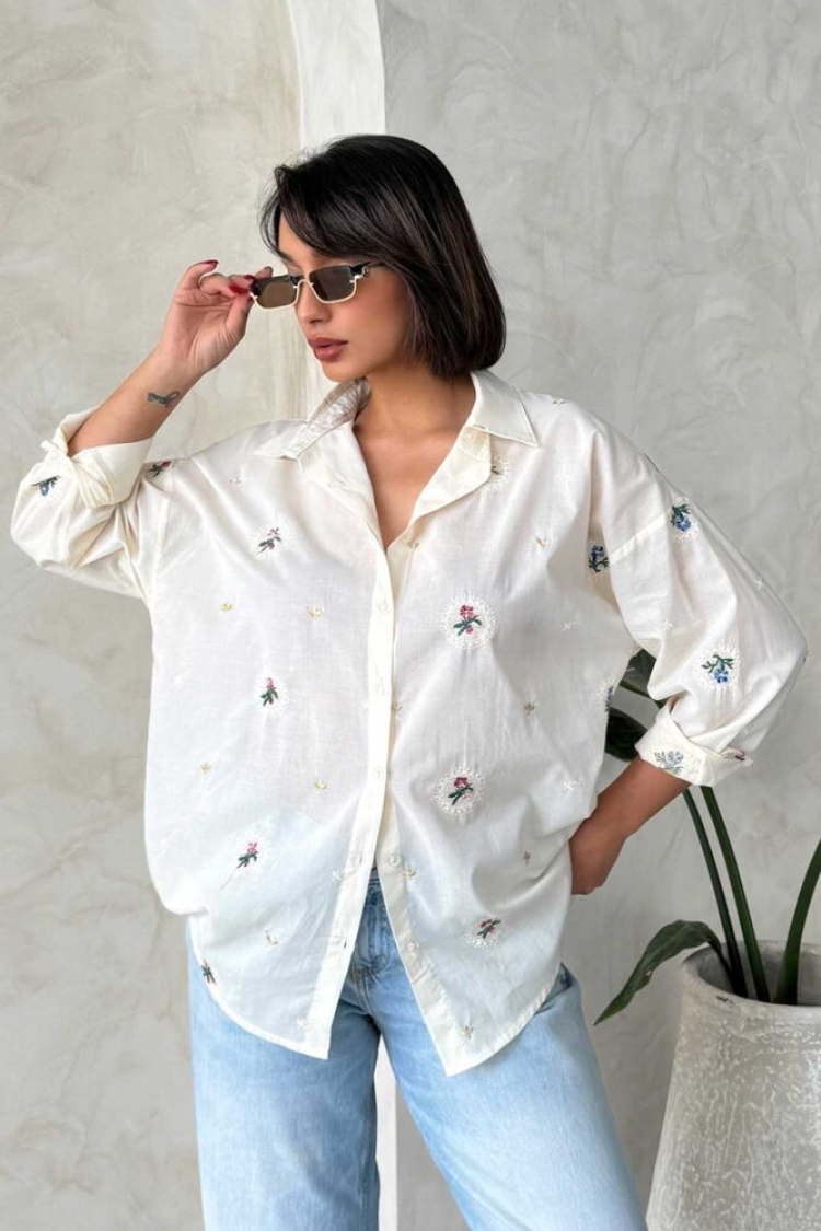 Embroidered Shirt - Stone - Topshow - Globality Store - Women Clothes Wholesale Turkey