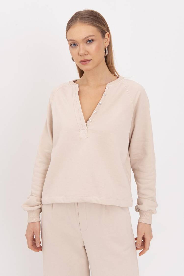 Flap Cotton Sweatshirt - Beige - BSL - Globality Store - Women Clothes Wholesale Turkey