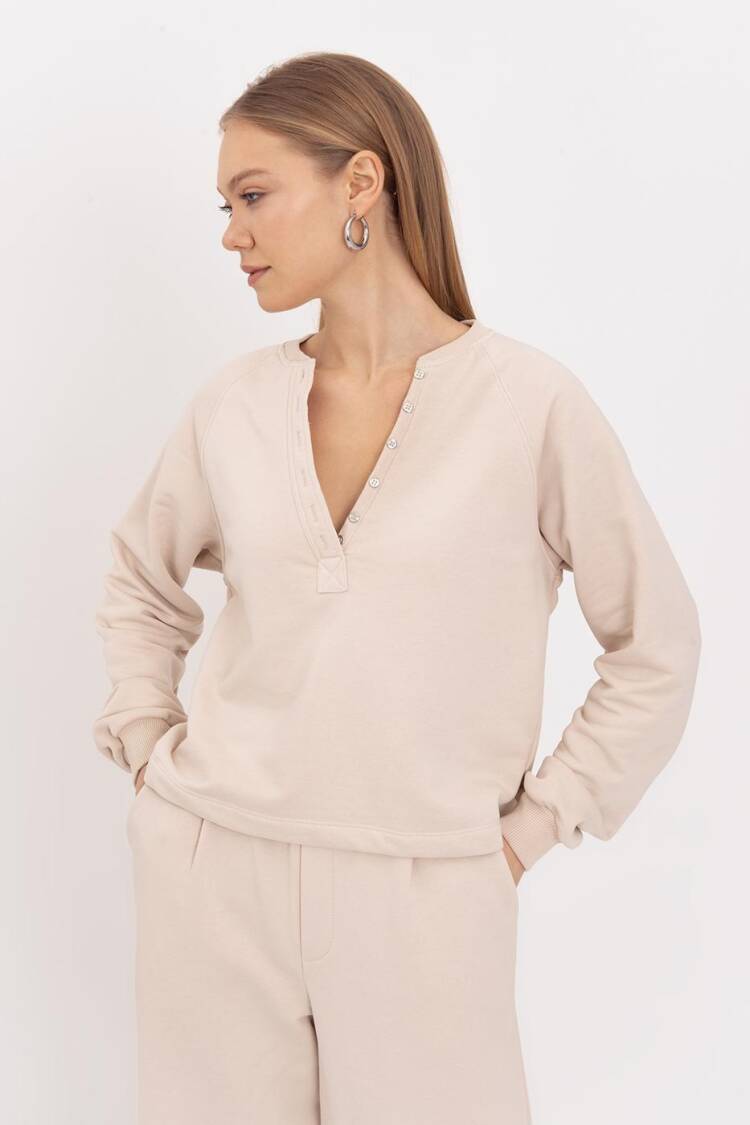 Flap Cotton Sweatshirt - Beige