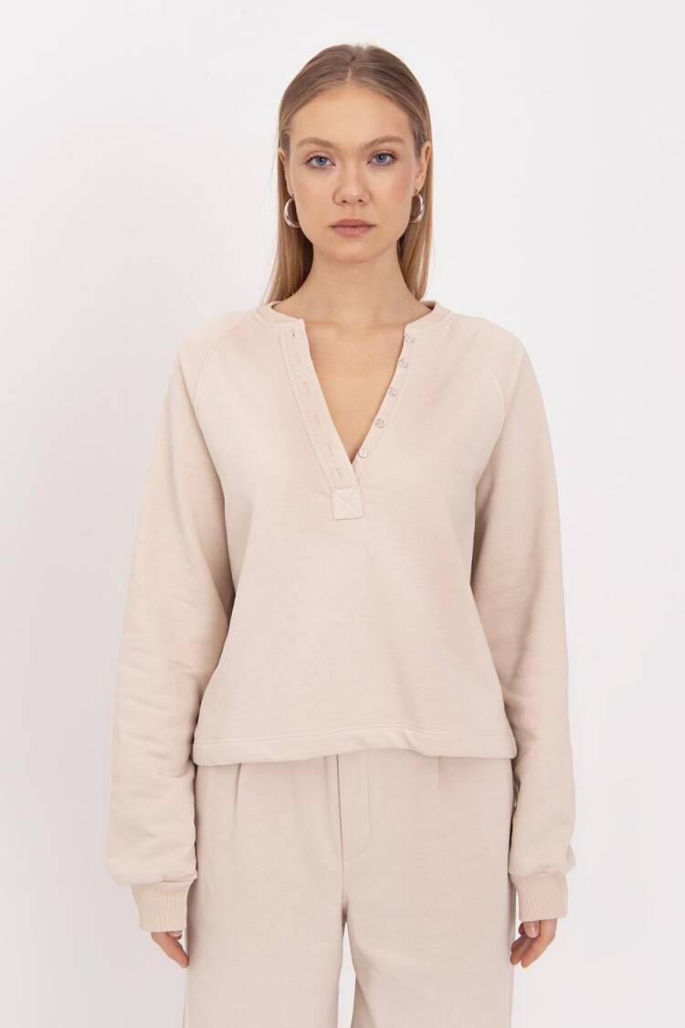 Flap Cotton Sweatshirt - Beige
