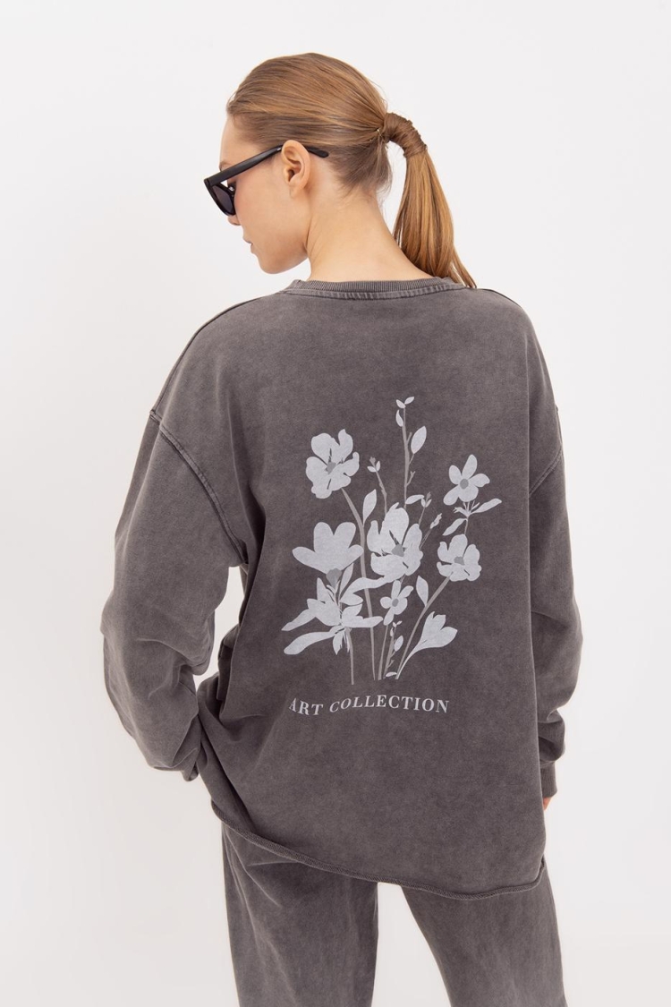 Washable Printed Sweatshirt - Anthracite - BSL - Globality Store - Women Clothes Wholesale Turkey
