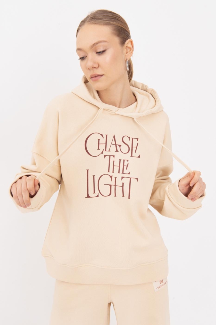 Printed Hooded Sweatshirt - Cream - BSL - Globality Store - Women Clothes Wholesale Turkey
