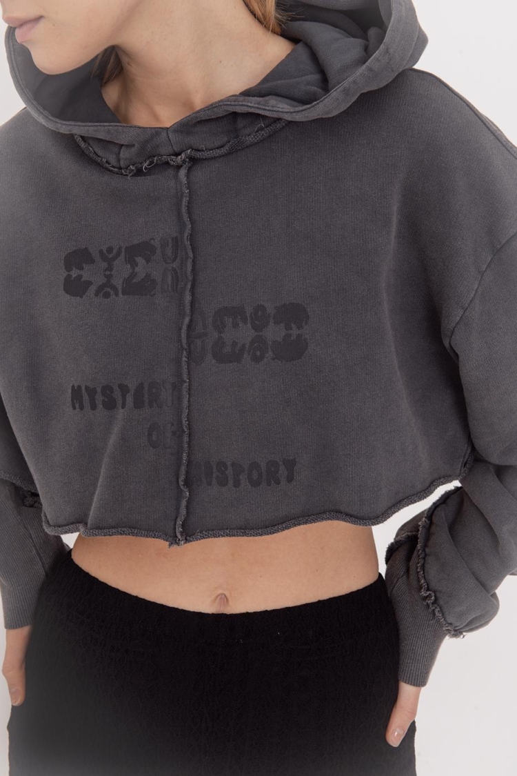 Hooded Printed Crop Sweatshirt - Anthracite - BSL - Globality Store - Women Clothes Wholesale Turkey