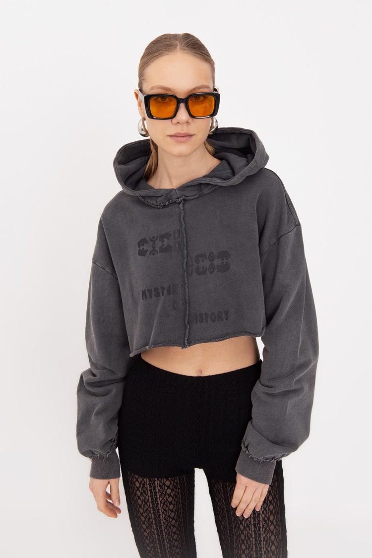 Hooded Printed Crop Sweatshirt - Anthracite
