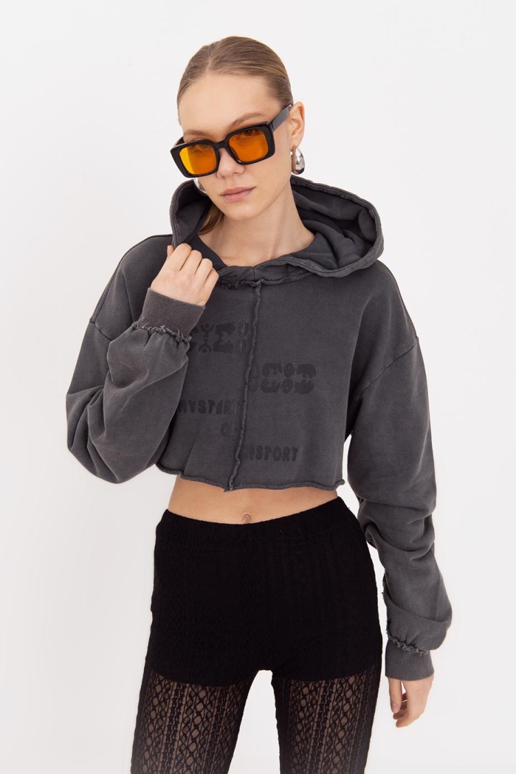 Hooded Printed Crop Sweatshirt - Anthracite