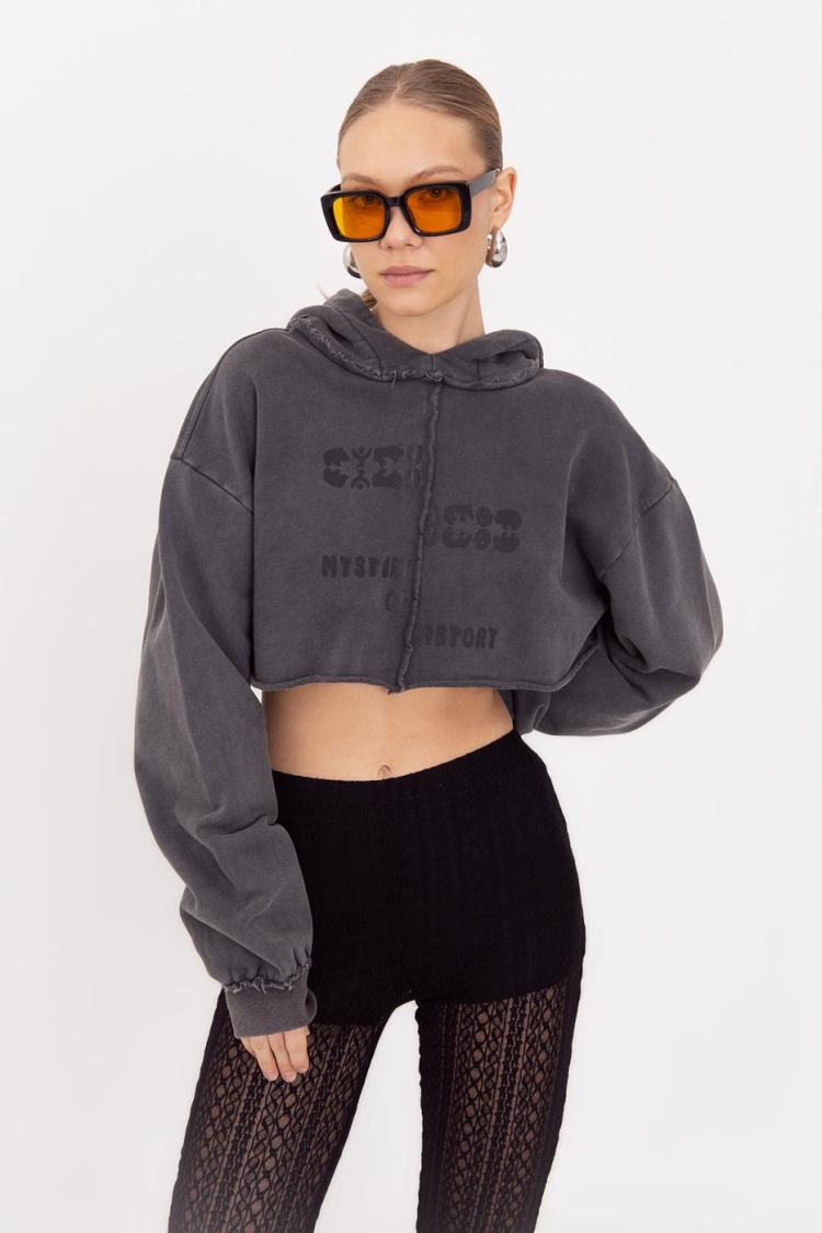 Hooded Printed Crop Sweatshirt - Anthracite