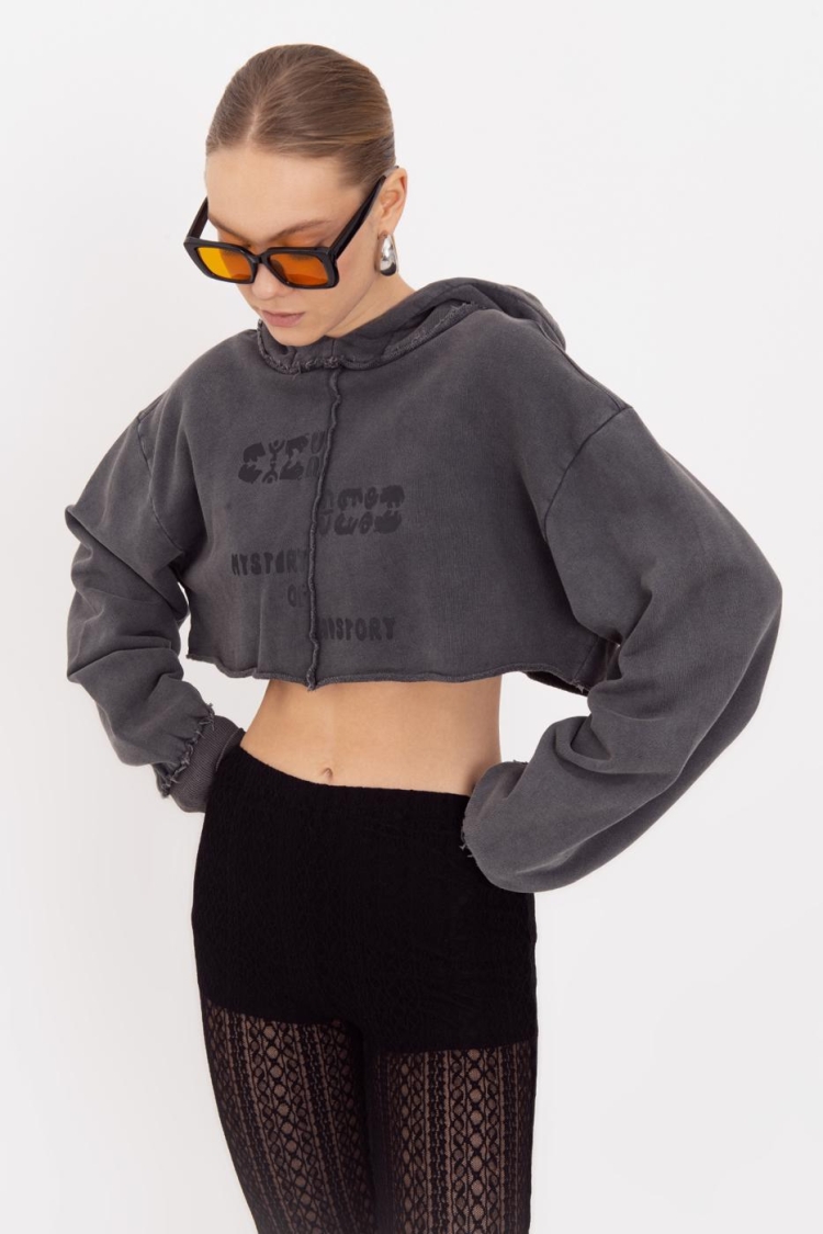 Hooded Printed Crop Sweatshirt - Anthracite