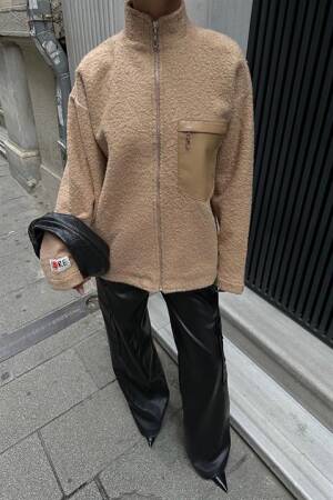 Curly Fur Lined Jacket With Leather Pocket Detail - Sobe Istanbul - Globality Store - Women Clothes Wholesale Turkey
