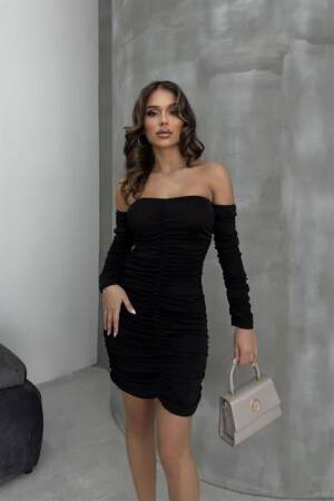 Gathered Mini Dress - Black - Sobe Istanbul - Globality Store - Women Clothes Wholesale Turkey