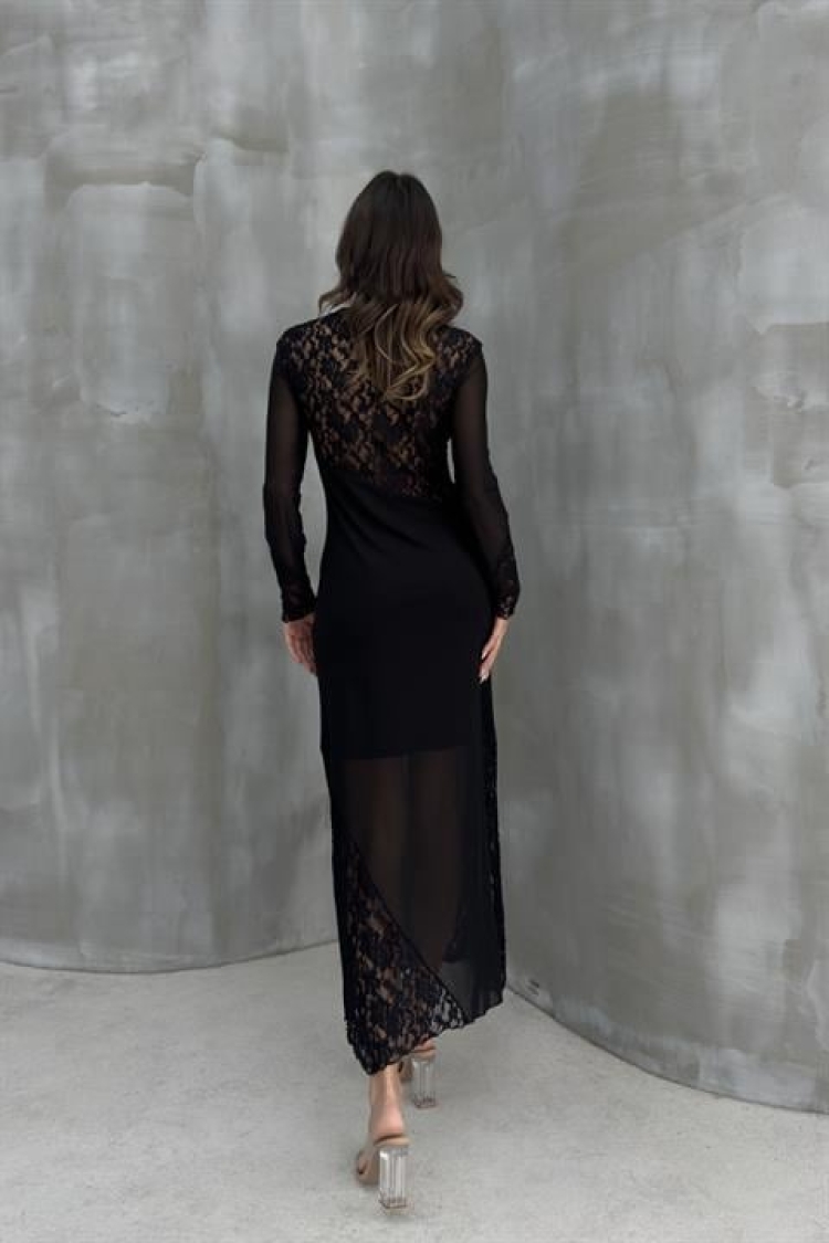 Lace Detailed Tulle Dress - Black