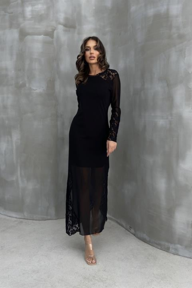 Lace Detailed Tulle Dress - Black - Sobe Istanbul - Globality Store - Women Clothes Wholesale Turkey