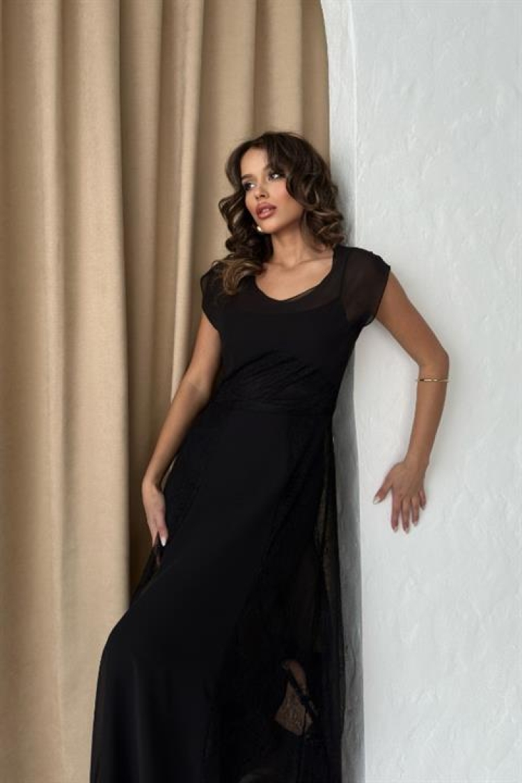 Chiffon Detailed Lined Lace Dress - Black