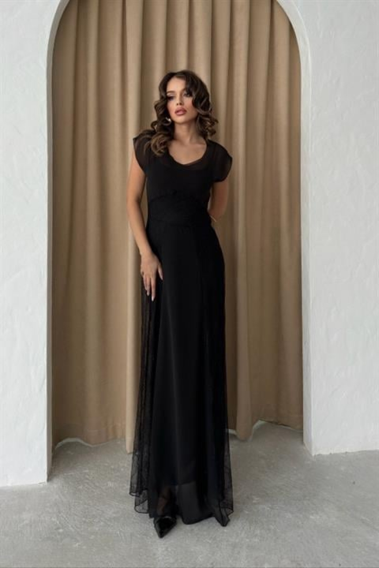 Chiffon Detailed Lined Lace Dress - Black - Sobe Istanbul - Globality Store - Women Clothes Wholesale Turkey