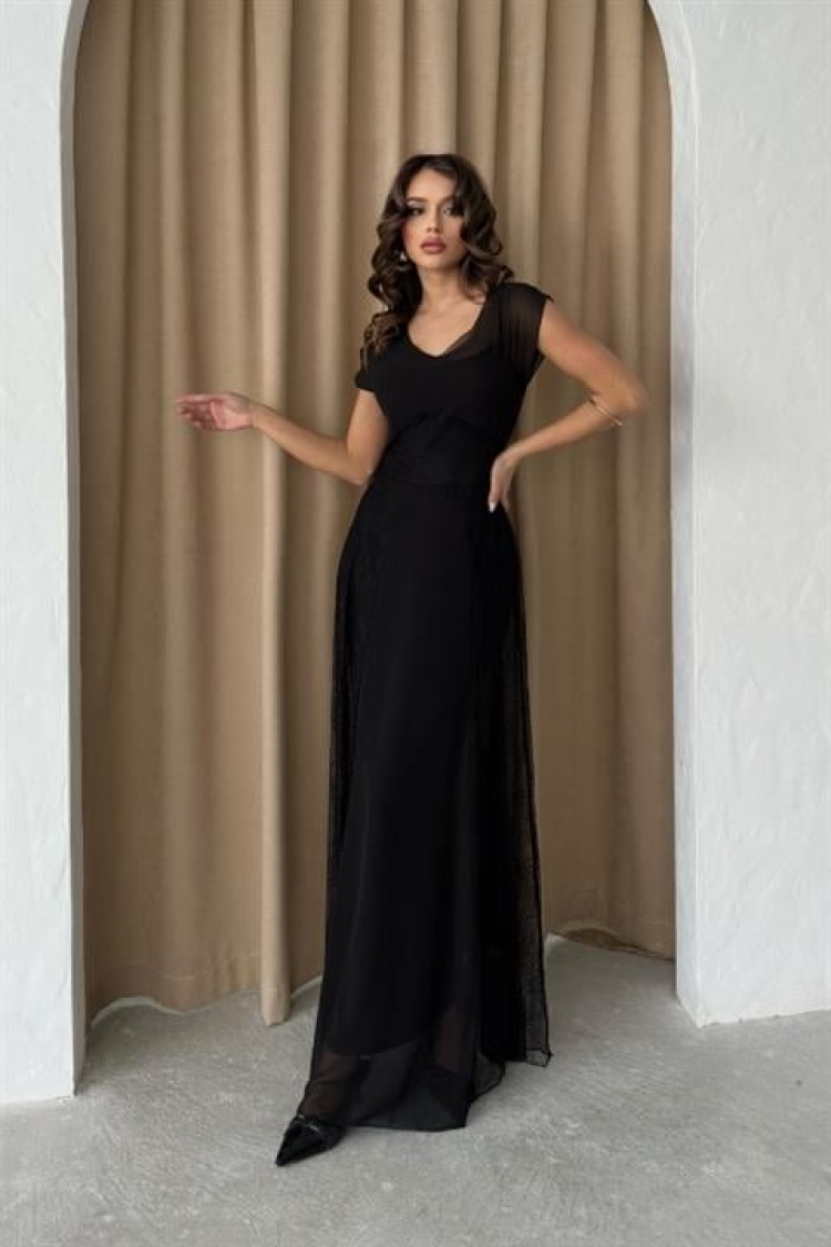Chiffon Detailed Lined Lace Dress - Black