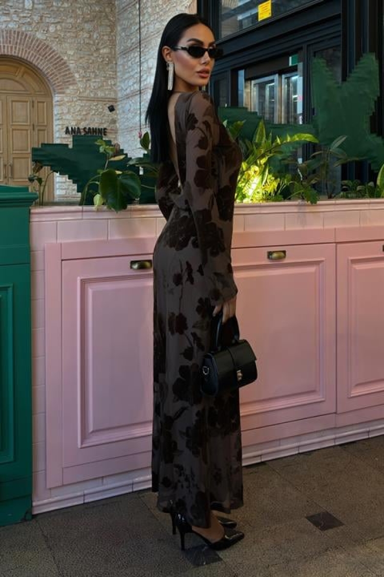 Velvet Printed Backless Lined Dress