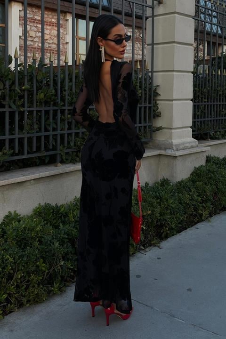 Velvet Printed Backless Lined Dress