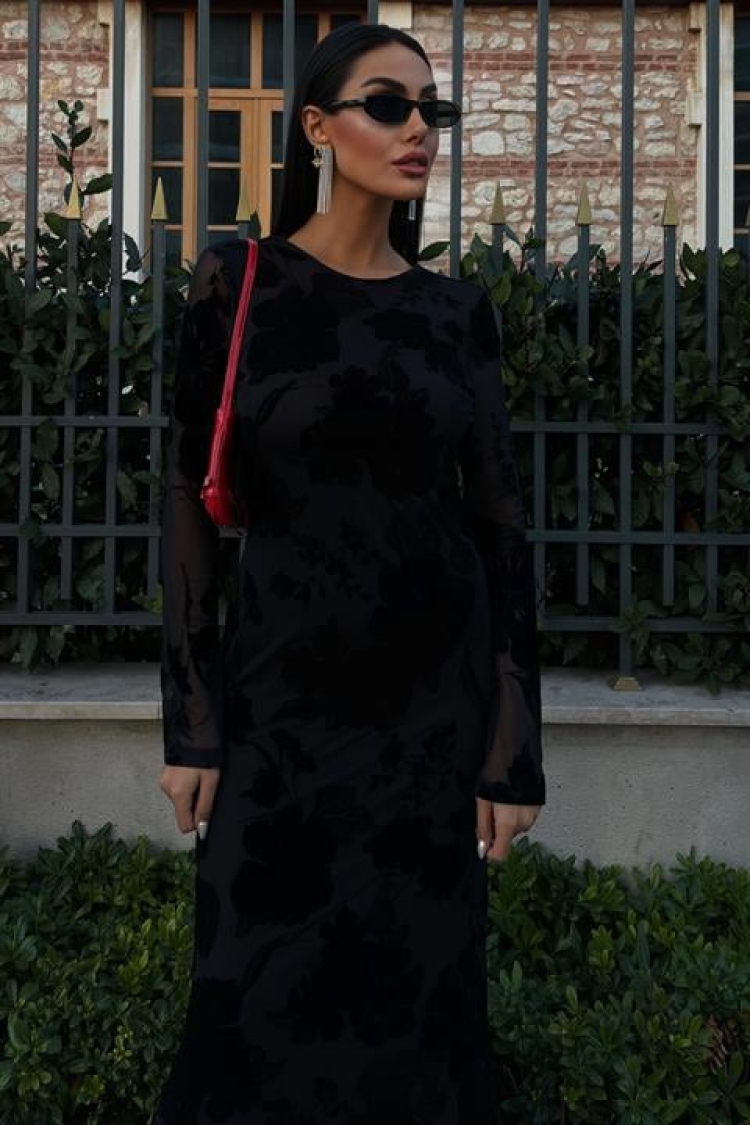 Velvet Printed Backless Lined Dress - Sobe Istanbul - Globality Store - Women Clothes Wholesale Turkey