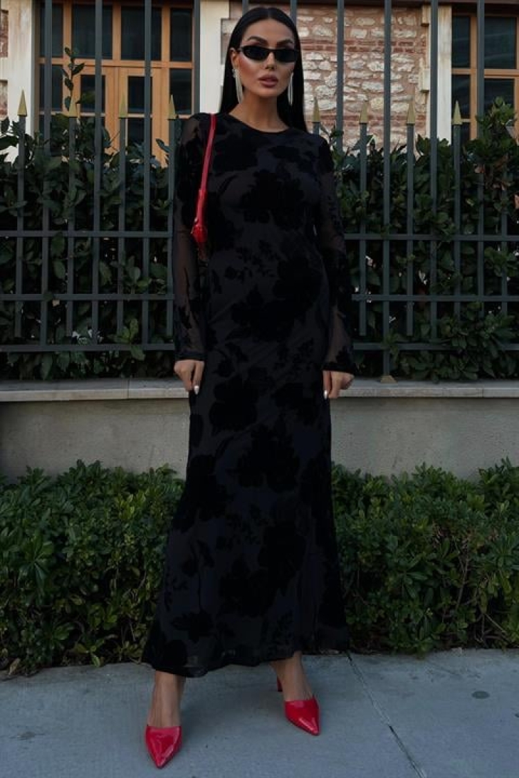 Velvet Printed Backless Lined Dress