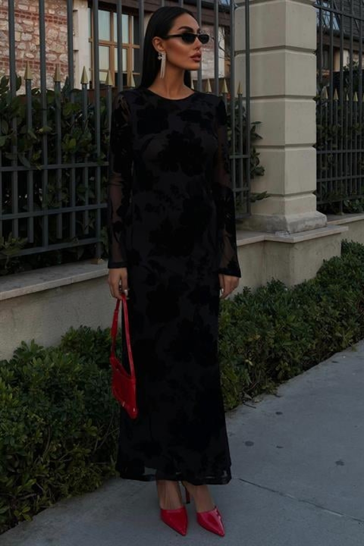 Velvet Printed Backless Lined Dress