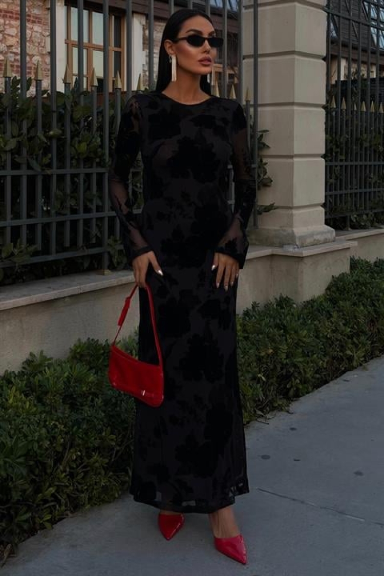 Velvet Printed Backless Lined Dress