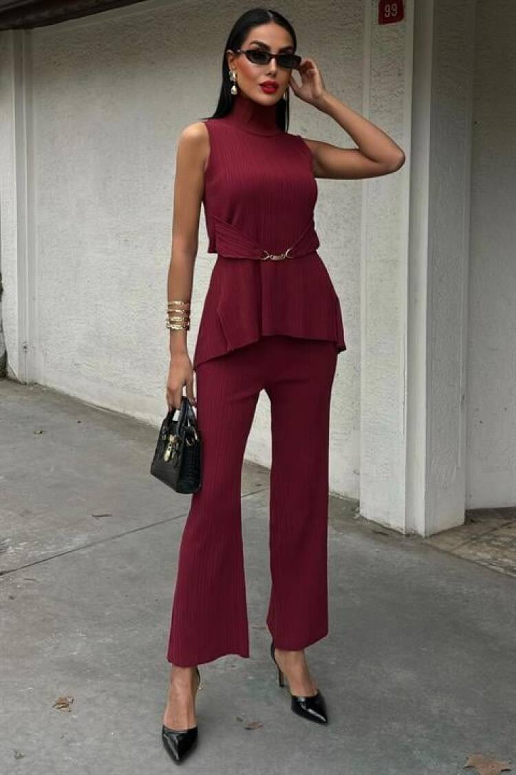 Rose Stand Collar Ribbed Suit - Sobe Istanbul - Globality Store - Women Clothes Wholesale Turkey