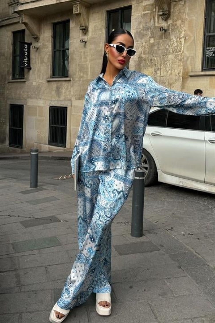 Ethnic Pattern Casual Satin Suit - Multicolored