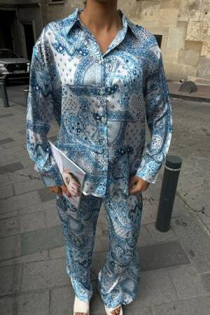 Ethnic Pattern Casual Satin Suit - Multicolored - Sobe Istanbul - Globality Store - Women Clothes Wholesale Turkey