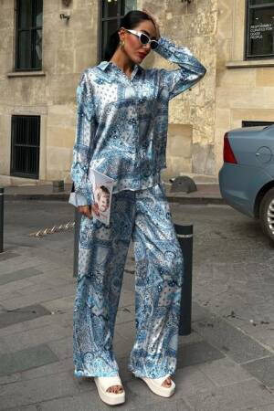 Ethnic Pattern Casual Satin Suit - Multicolored - Sobe Istanbul - Globality Store - Women Clothes Wholesale Turkey
