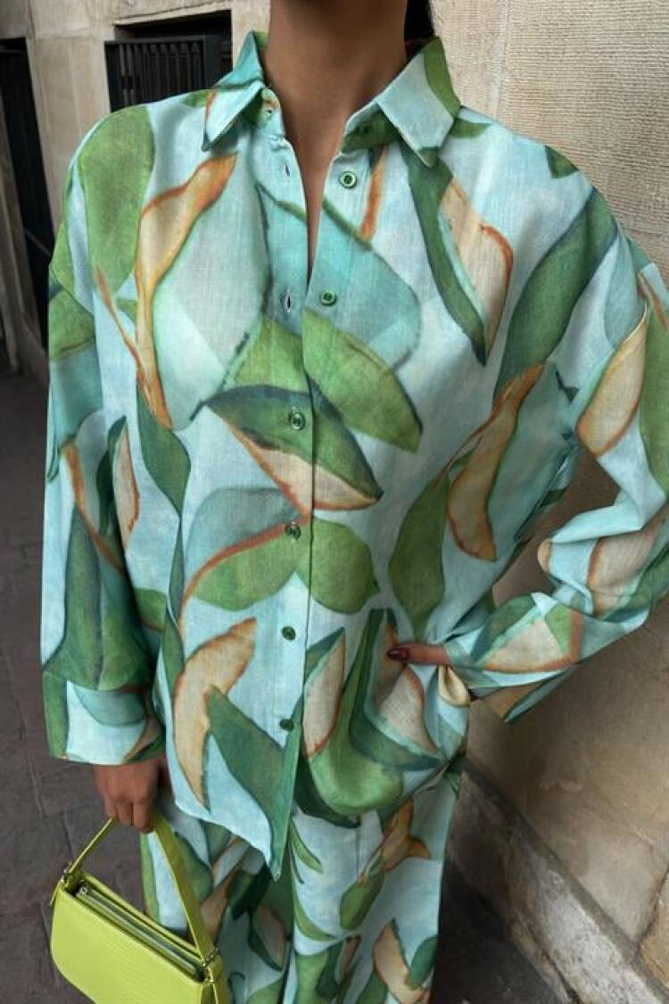 Leaf Patterned Linen Set - Multicolored