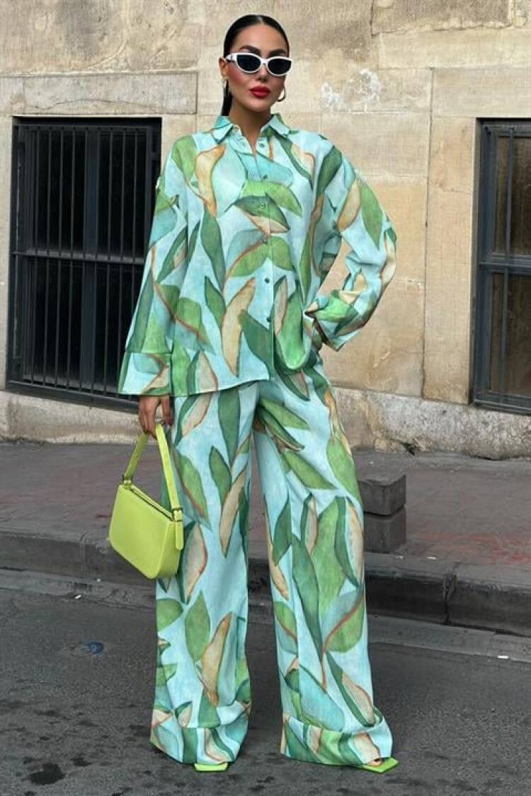 Leaf Patterned Linen Set - Multicolored - Sobe Istanbul - Globality Store - Women Clothes Wholesale Turkey