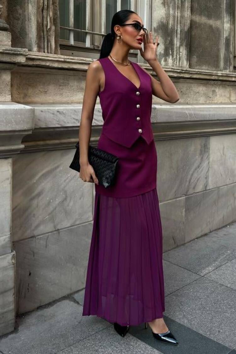 Premium Suit With Vest And Pleated Skirt - Plum