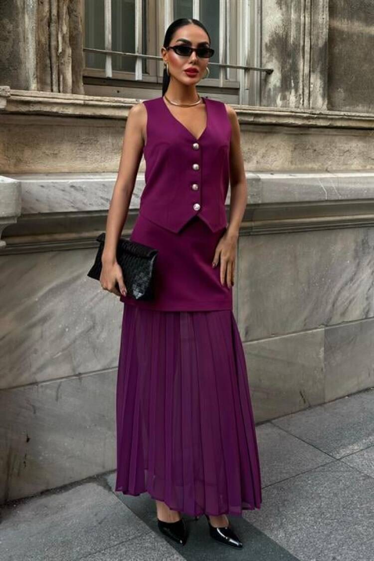 Premium Suit With Vest And Pleated Skirt - Plum
