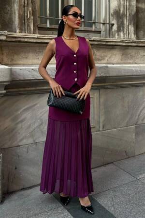 Premium Suit With Vest And Pleated Skirt - Plum - Sobe Istanbul - Globality Store - Women Clothes Wholesale Turkey