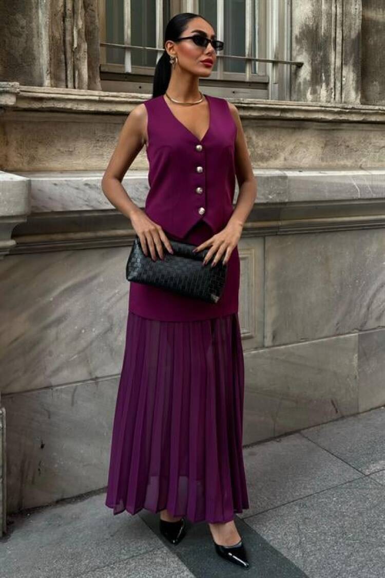 Premium Suit With Vest And Pleated Skirt - Plum