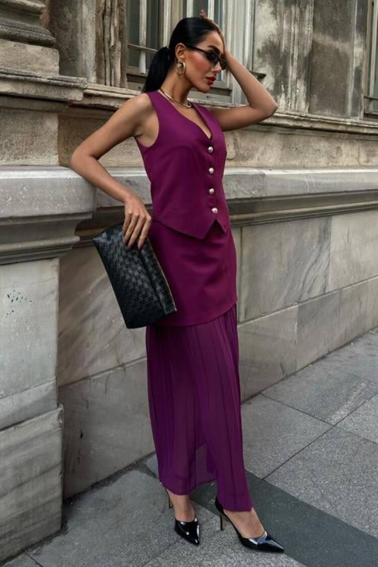 Premium Suit With Vest And Pleated Skirt - Plum - Sobe Istanbul - Globality Store - Women Clothes Wholesale Turkey