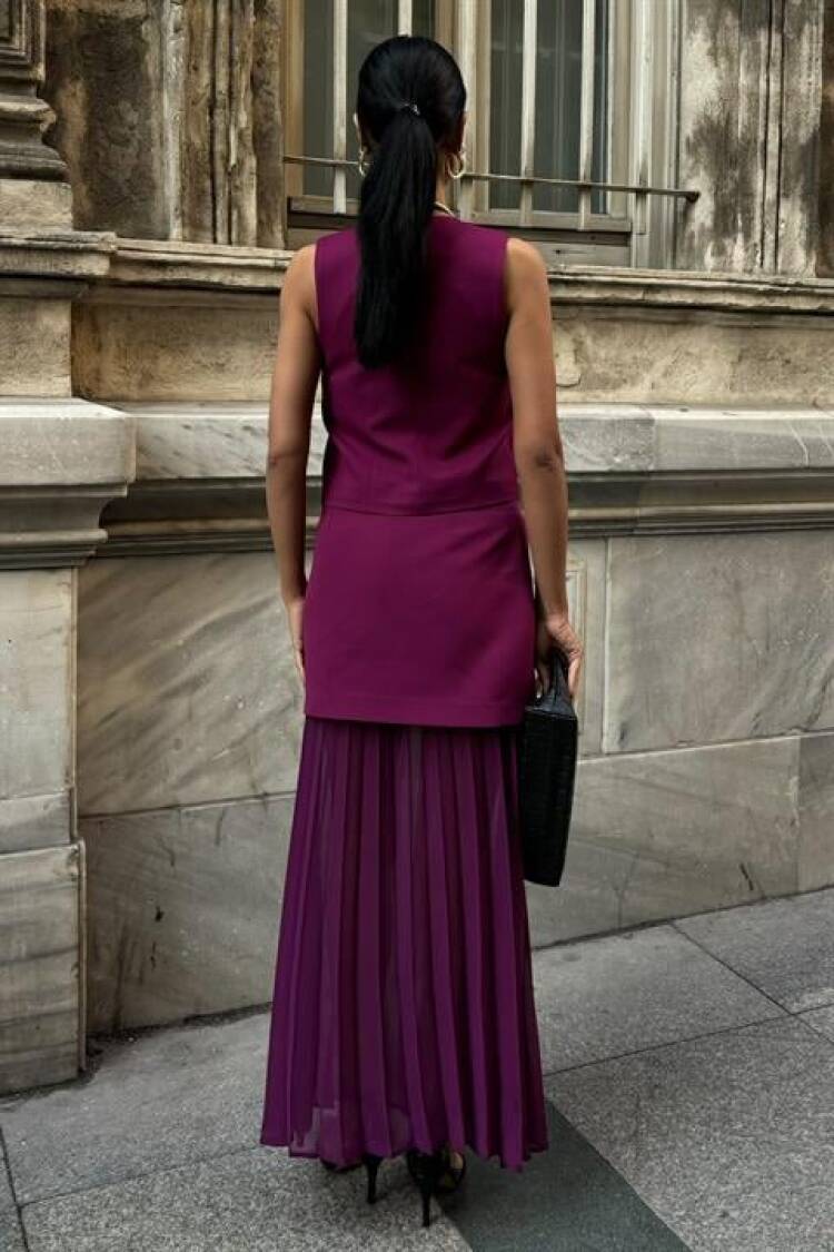 Premium Suit With Vest And Pleated Skirt - Plum