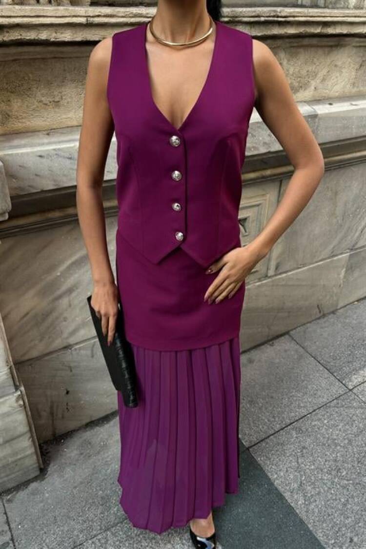Premium Suit With Vest And Pleated Skirt - Plum