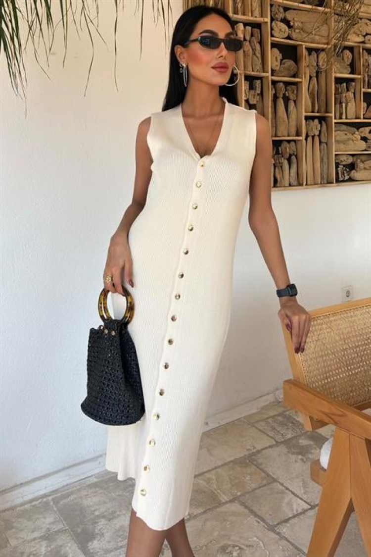 Buttoned Ribbed Sleeveless Dress