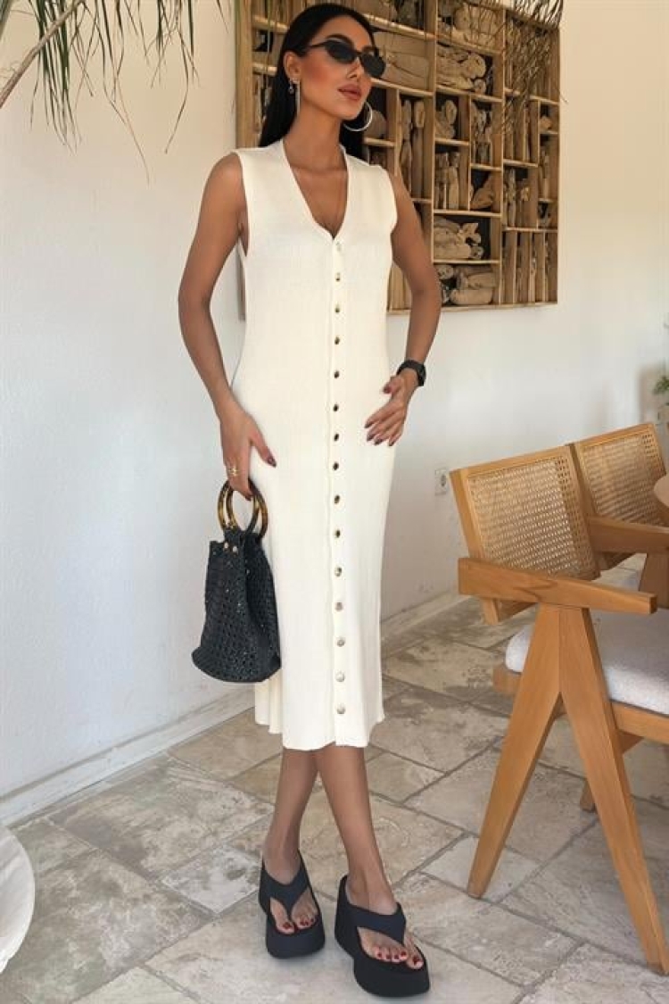 Buttoned Ribbed Sleeveless Dress - Sobe Istanbul - Globality Store - Women Clothes Wholesale Turkey
