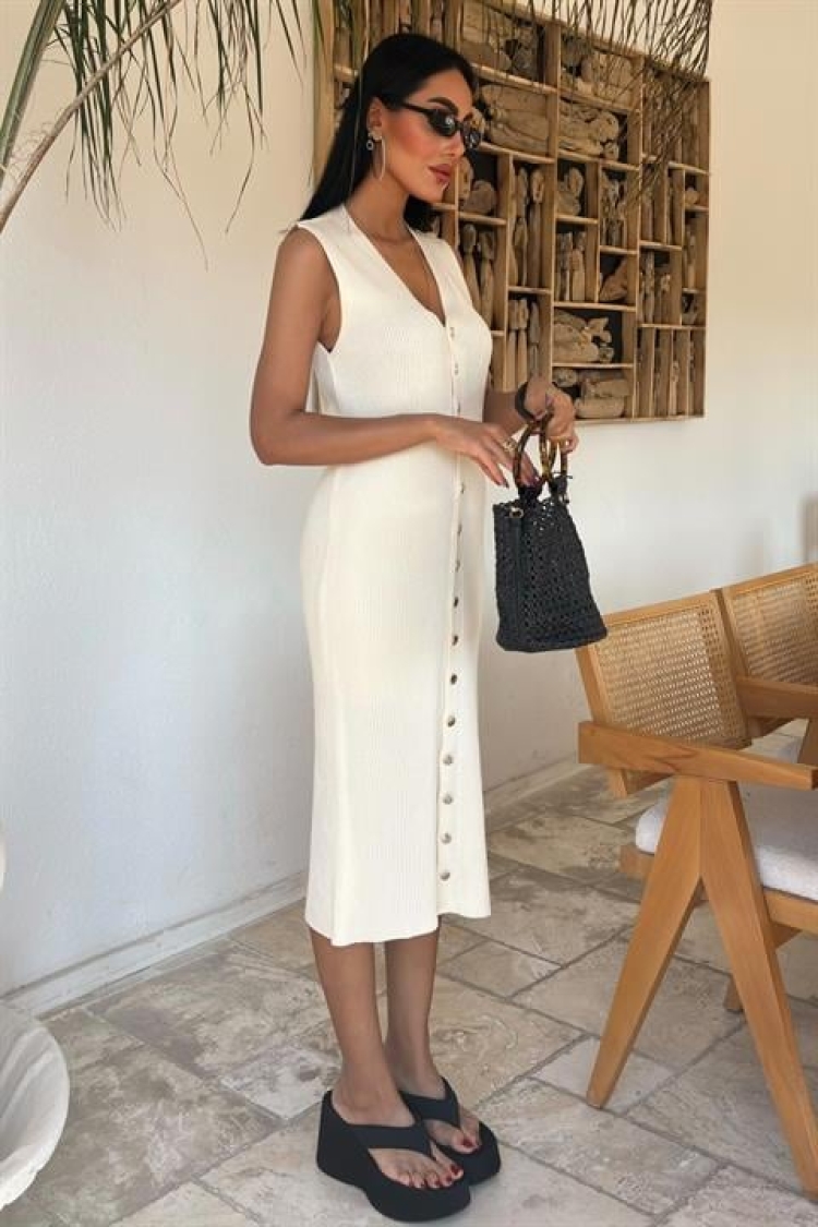 Buttoned Ribbed Sleeveless Dress