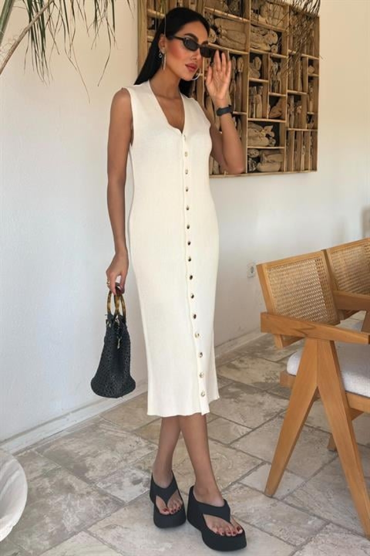 Buttoned Ribbed Sleeveless Dress