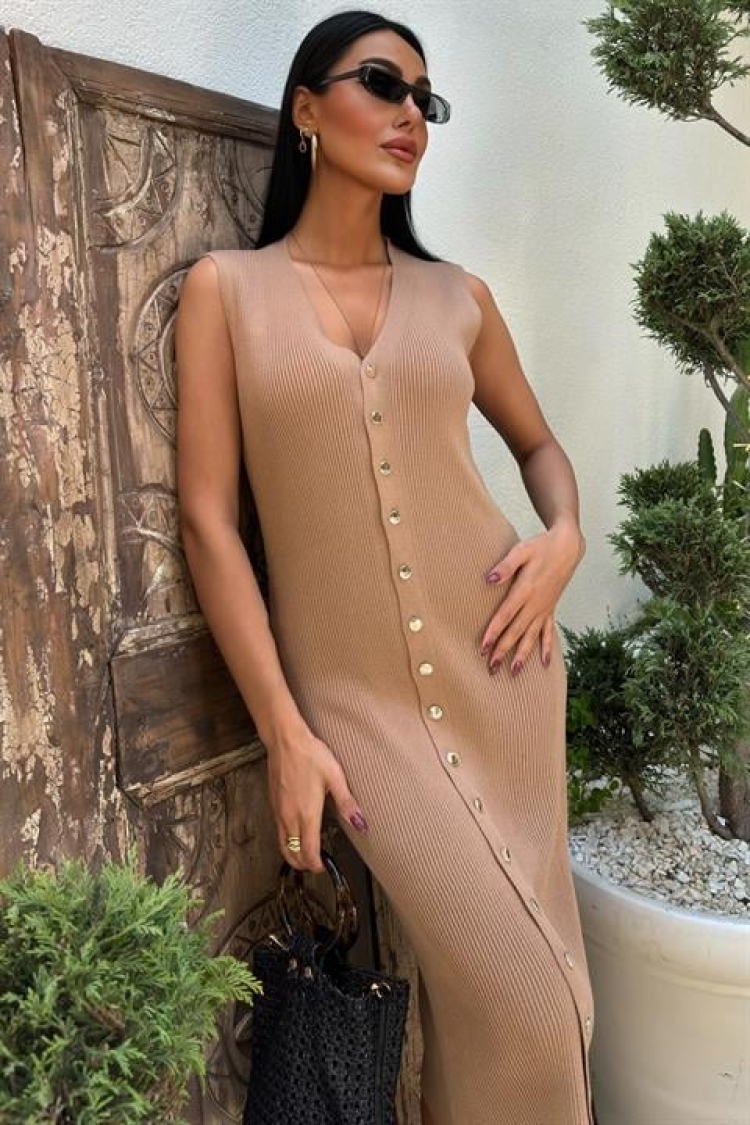 Buttoned Ribbed Sleeveless Dress - Taba