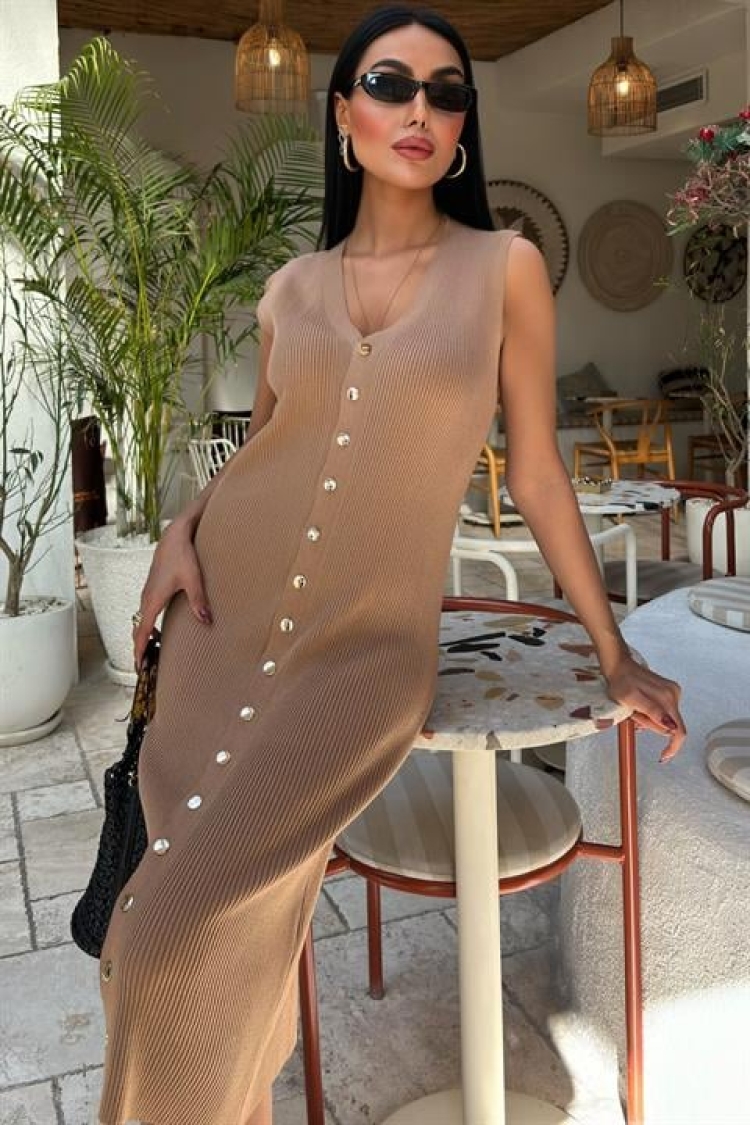 Buttoned Ribbed Sleeveless Dress - Taba