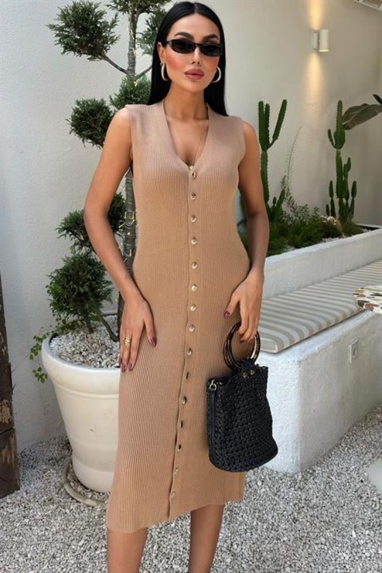 Buttoned Ribbed Sleeveless Dress - Taba